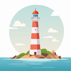 Lighthouse standing tall on rocky island surrounded by calm ocean waters, viewed from a distance with clear blue sky
