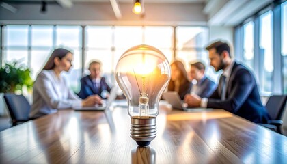 Lit Light Bulb on Table with Business Team in Background During Office Brainstorming Session