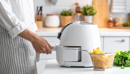 Person Using White Air Fryer with French Fries and Fresh Vegetables in Modern Kitchen