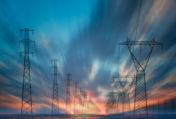 High voltage power lines with amazing sunset