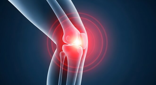 Acute knee joint injury and orthopedic trauma. Health assessment and medical science. Human leg showing a bright inflammation glow in the knee joint region