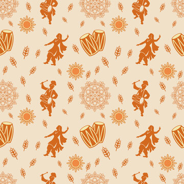 Baisakhi seamless vector pattern with sun, wheat, dancers and dhol