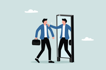 Obraz premium Believe in yourself to increase self-confidence, appreciate the concept of strong attitude, frustrated businessman looks at his reflection in the mirror to increase his self-confidence.