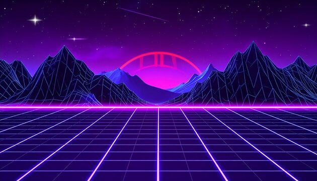 Retro-futuristic landscape with neon grid, mountains, and cosmic horizon
