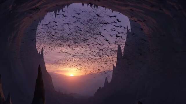 Bats flying out of cave silhouette at dusk