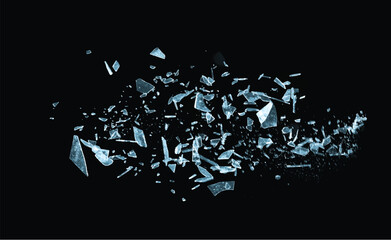 Particles of ice. Broken glass on the black background. Isolated realistic cracked glass effect	