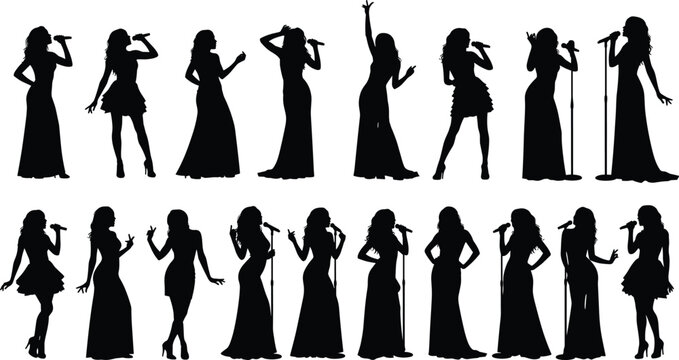 Collection, of, black, silhouettes, featuring, female, singers, and, vocalists, performing, with, microphones, in, elegant, gowns, for, music, entertainment, and, performance.