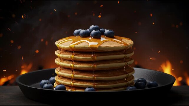 Cooking Scene Showcasing Stack of Pancakes with Syrup and Berries in Dramatic Firelit Setting