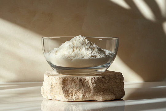 Hydrolyzed bovine collagen peptides powder in a transparent plate on a stone stand, closeup