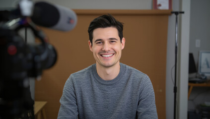 Fototapeta premium Smiling male content creator recording video in home studio with microphone and camera visible