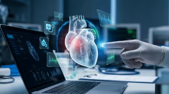 Human heart hologram with medical data and hand in glove pointing on laptop screen in hospital laboratory for advanced healthcare analysis