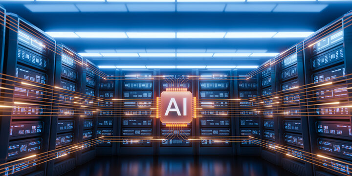 Futuristic AI Server Room with Data Flow and Glowing Chip