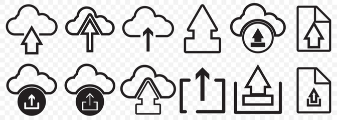  upload icon set. Vector illustration. Editable stroke. Flat design. Isolated on a transparent background. EPS 10.