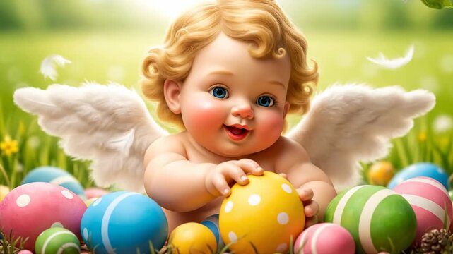 Smiling baby child angel with blue eyes sitting among easter eggs on a green field. Easter holiday and spring celebration concept.