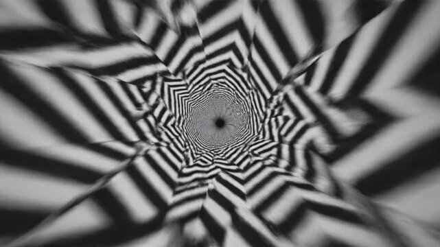 Infinite zooming perspective into a dark triangular geometric pattern composed of highly contrasting converging lines creating an abstract vortex motion graphics, pattern, detail