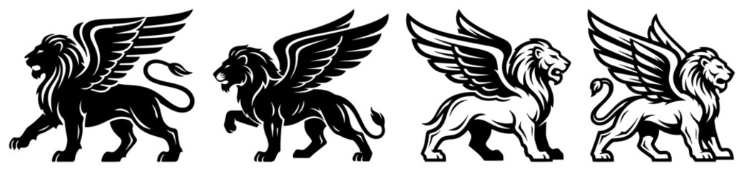 Obraz premium Set of heraldic winged lion silhouettes and mythical gryphon mascots