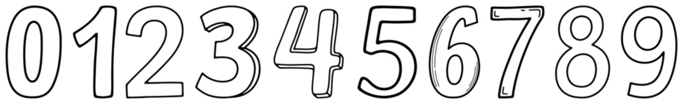 Hand drawn set of outline numbers from zero to nine in doodle sketch style