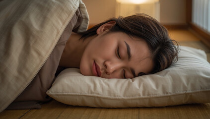 和室の畳と布団で日本人女性が行灯の灯りに包まれて眠る