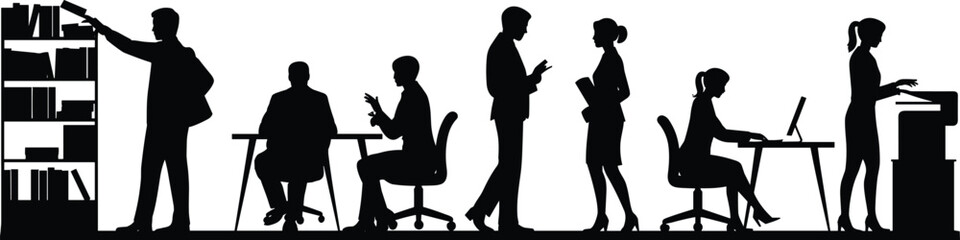 Silhouette group of business people working in modern office with computers, documents and communication, corporate teamwork collaboration and professional workplace productivity illustration scene