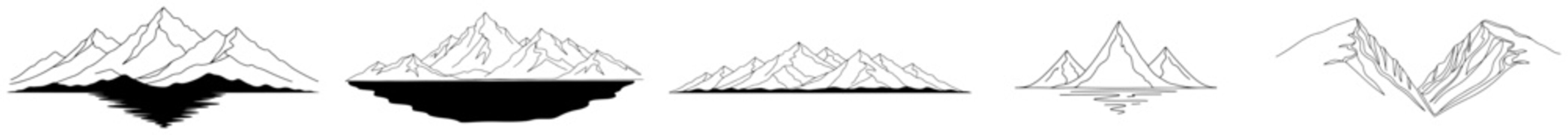 Minimalist mountain range sketches and landscape line art illustrations with peaks and water reflections