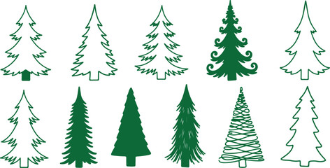Obraz premium Forest tree silhouettes collection. Pine trees horizontal pattern panorama backgrounds. Vector illustration