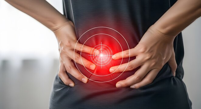 Lower back pain and spinal disc inflammation. Physiotherapy and orthopedic treatment needs. Man holding his aching back with a target graphic on lumbar spine