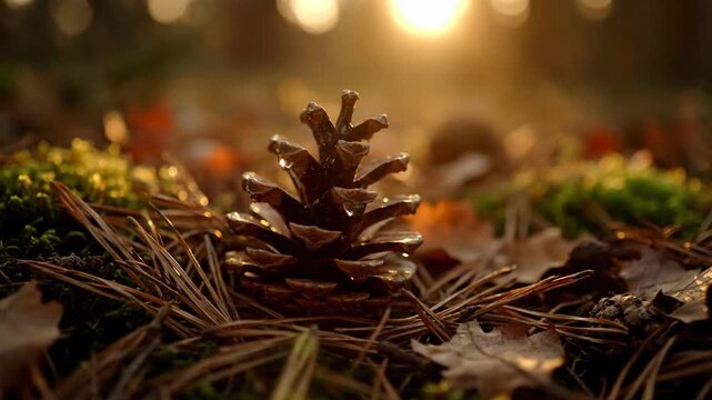 Pine cone on a forest floor in m sunlight