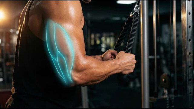 Close-up of a Muscular Man's Arm Performing a Triceps Pushdown Exercise with Neon Muscle Anatomy Overlay in a Gym