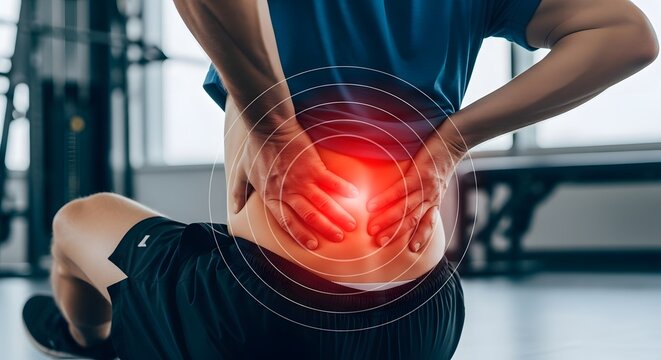 Chronic backache and spinal disc strain symptoms. Medical insurance and healthcare support. Man sitting in gym holding painful lower back with red inflammation