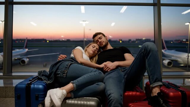 Man and woman sleeping on luggage at airport terminal. Young couple resting next to window with airplane on runaway at sunset.