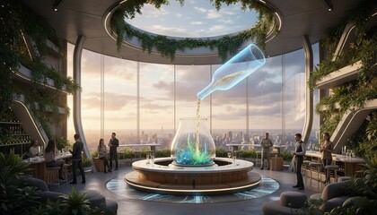 Futuristic high-rise bar with people, lush plants, and a holographic drink pouring