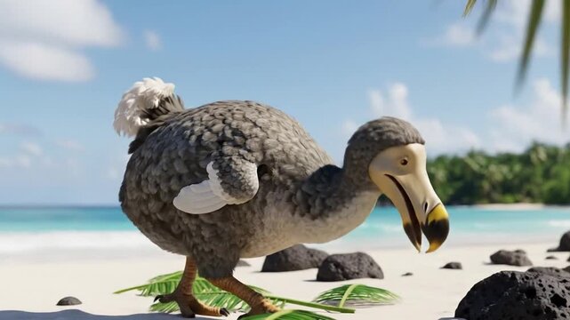 Extinct Dodo bird walking on a tropical beach in daylight