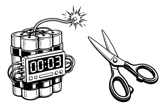 Hand drawn line art danger elements set featuring a dynamite bomb with a digital timer and open scissors for urgent problem solving