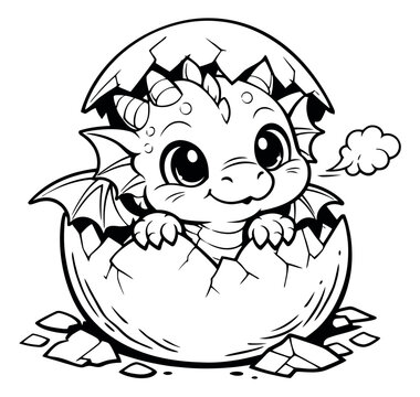 Cute line art illustration of a baby dragon depicting emerging from an egg for children's designs