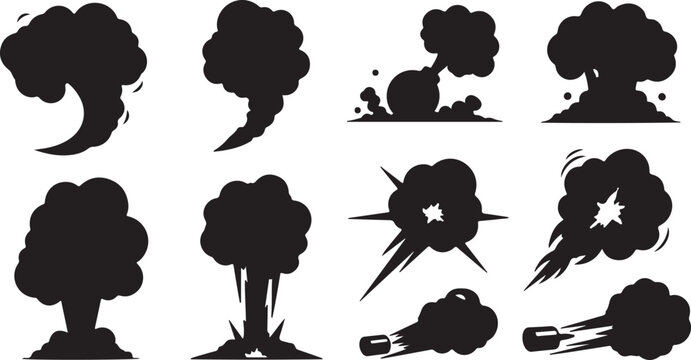 Cartoon explosion vector set of black burst effects on transparent background