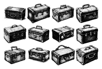 Set of detailed vintage suitcases and travel trunks in hand drawn engraving style © Aisha Kudorova