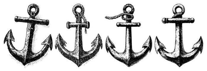 Set of detailed vintage nautical anchors with rope in hand drawn sketch style © Aisha Kudorova