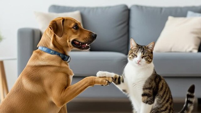 Dog Shaking Hands with Cat in Living Room