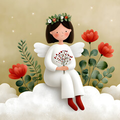 Fototapeta premium Little angel sitting on cloud holding bouquet of flowers