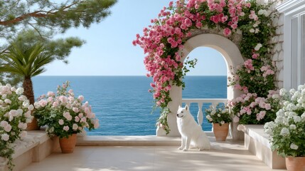 Fototapeta premium White samoyed dog sitting on a Mediterranean patio