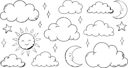 Fototapeta premium Chalk pencil clouds doodle set. Childish crayon sky, stars, lightning, rain, sun and moon. Pastel kids sketch. Grunge texture. Hand drawn vector illustration 