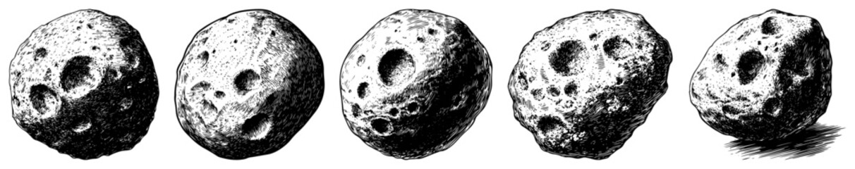 Set of detailed asteroids and moon rocks in vintage hand drawn engraving style © Aisha Kudorova