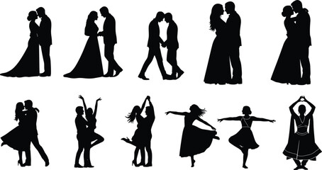Obraz premium Romantic couple silhouette poses collection showing love, dance, embrace, and passion, black and white relationship illustration set for wedding, Valentine, romance, artistic design use