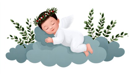 Fototapeta premium Baby angel sleeping on cloud with floral crown
