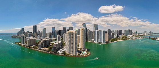 Aerial view of Brickell skyline. Panoramic cityscape of Brickell Miami. Skyscrapers of Brickell. Scenic view of the Brickell in Miami Beach. Iconic business towers in Miami.