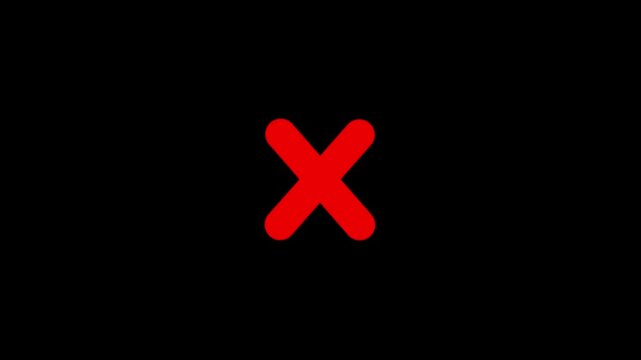 red incorrect wrong answer no entry cross with diagonal strokes and rounded corners animating on and off the screen with plain black background that can be made invisible using screen blend mode