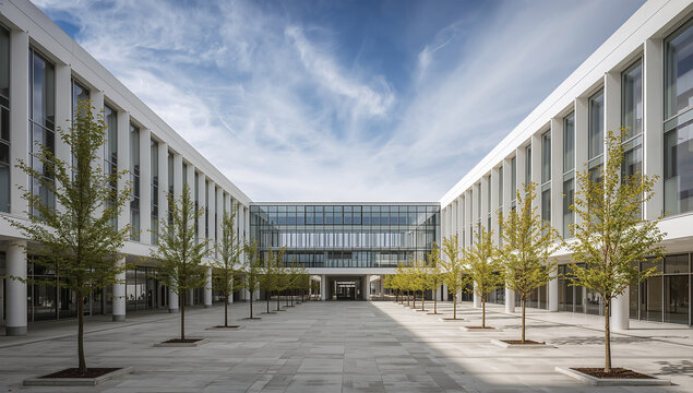 主棟と連結棟が広場でつながる白い都市キャンパスを描く