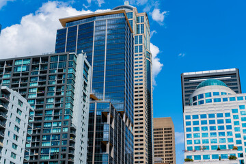 Cityscape of skyscraper building in business district. City architecture of skyscraper. City building cityscape view. Skyscraper cityscape. Modern city downtown. Business city