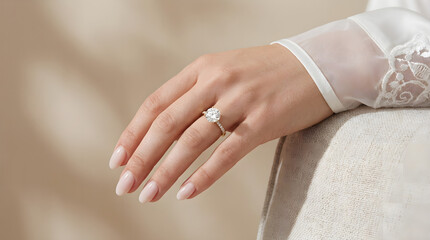 A close-up shot captures the exquisite beauty of a brilliant diamond engagement ring on a woman's hand, symbolizing eternal love, dedication, and the joyous journey ahead