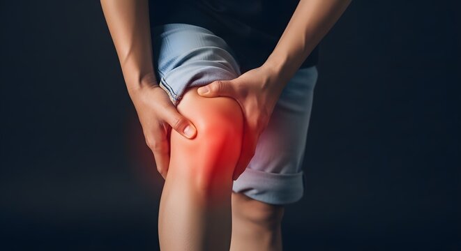 Close up of person experiencing sharp knee joint pain. Arthritis symptoms and orthopedic care. Patient holding painful kneecap with glowing red inflammation effect